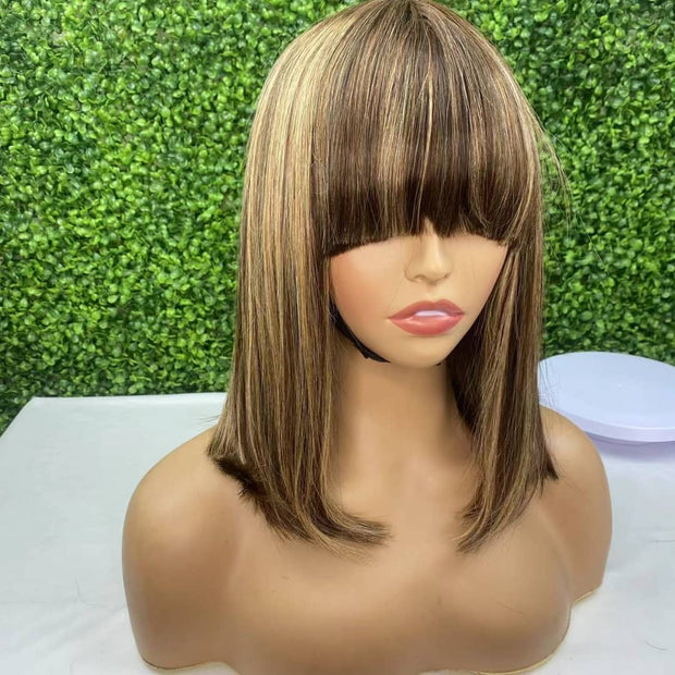 12 inch Glueless bob with bangs, color 4 with 27 and 30 Highlights 180% density